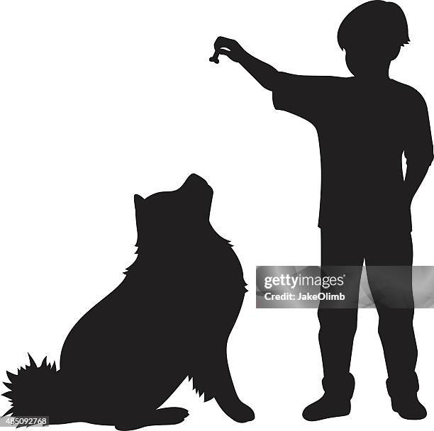 junge geben hund genießen-silhouette - hundeknochen stock-grafiken, -clipart, -cartoons und -symbole