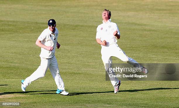 Scott Borthwick of Durham celebrates after taking the wicket of Maurice Chambers first ball during the fourth day of the LV County Championship...