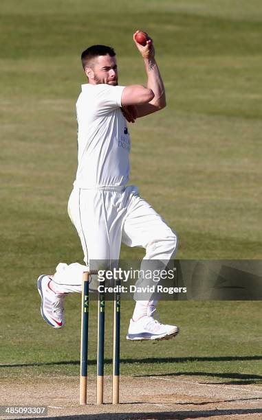 Jamie Harrison of Durham bowls during the fourth day of the LV County Championship Division One match between Northamptonshire and Durham at the...
