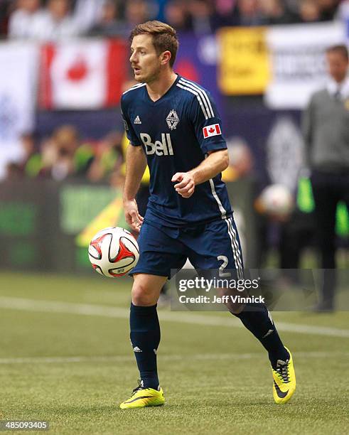 Jordan Harvey of the Vancouver Whitecaps FC during their MLS game against the Colorado Rapids April 5, 2014 in Vancouver, British Columbia, Canada....