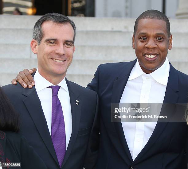 Los Angeles Mayor Eric Garcetti and Recording artist Shawn "Jay Z" Carter make an announcement on the Steps of City Hall Downtown Los Angeles for a...