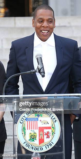 Recording artist Shawn "Jay Z" Carter makes an announcement on the Steps of City Hall Downtown Los Angeles for a Labor Day Music Festival at Los...