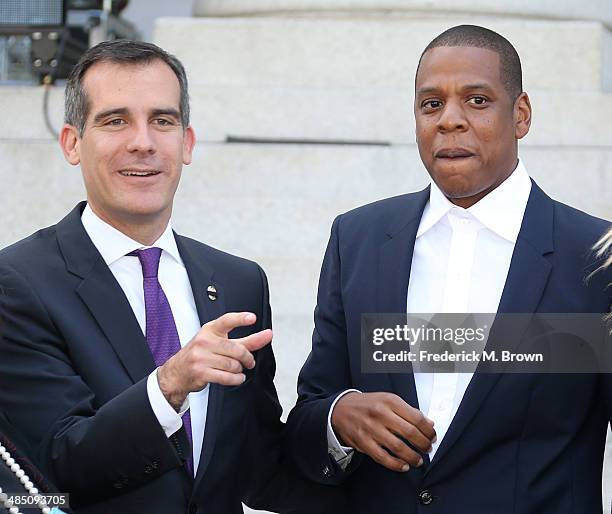 Los Angeles Mayor Eric Garcetti and Recording artist Shawn "Jay Z" Carter make an announcement on the Steps of City Hall Downtown Los Angeles for a...