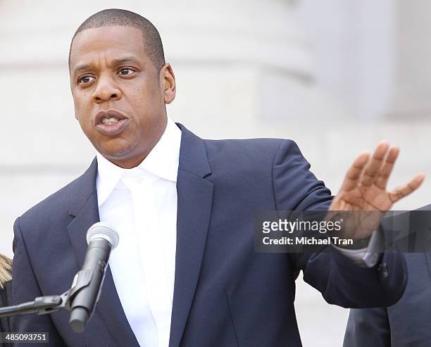 Jay Z aka Shawn Carter speaks at the announcement of The Budweiser Made in America Music festival held at Los Angeles City Hall on April 16, 2014 in...