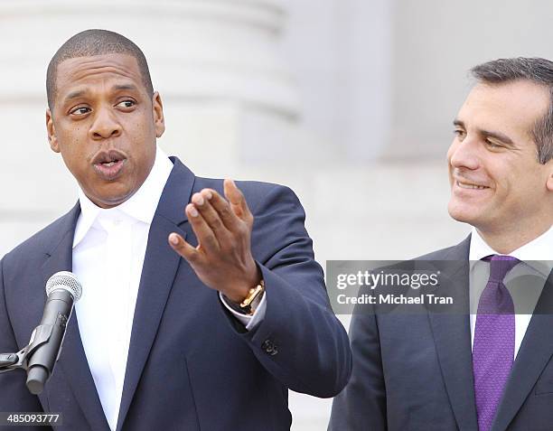 Jay Z aka Shawn Carter and Los Angeles Mayor Eric Garcetti speak at the announcement of The Budweiser Made in America Music festival held at Los...