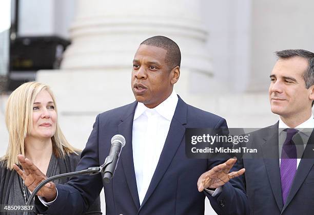 United Way President & CEO Elise Buik, Jay Z aka Shawn Carter and Los Angeles Mayor Eric Garcetti speak at the announcement of The Budweiser Made in...