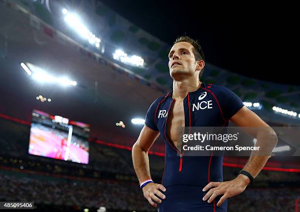 Renaud Lavillenie of France looks on after winning joint bronze in the Men's Pole Vault final during day three of the 15th IAAF World Athletics...