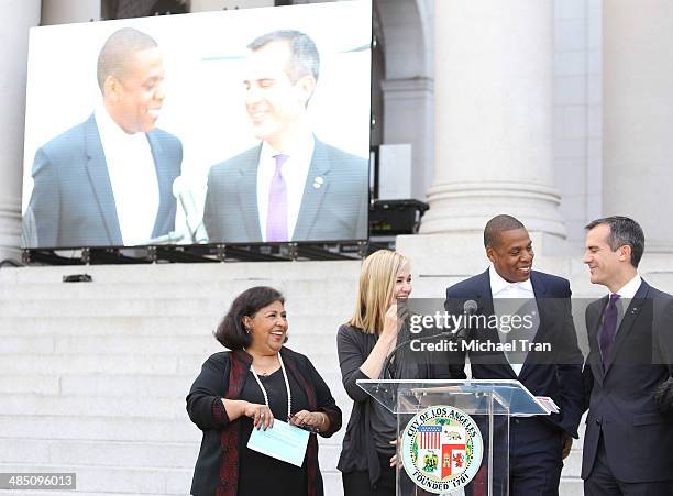 County Supervisor Gloria Molina, Los Angeles Mayor Eric Garcetti, recording artist Jay Z, United Way President & CEO Elise Buik and Council President...