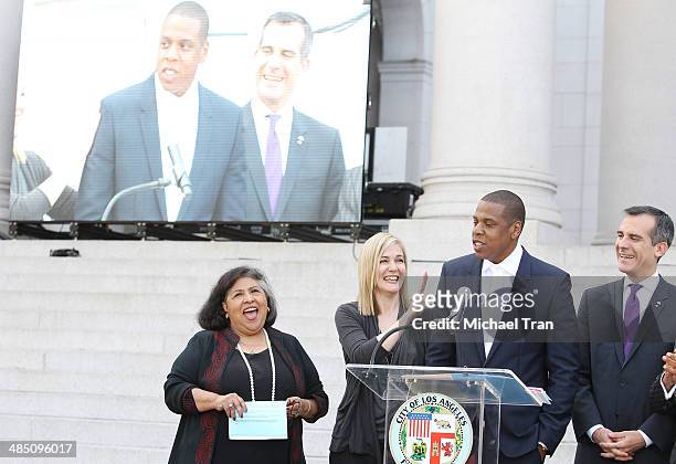 County Supervisor Gloria Molina, Los Angeles Mayor Eric Garcetti, recording artist Jay Z, United Way President & CEO Elise Buik and Council President...