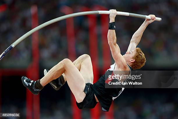 Shawnacy Barber of Canada competes in the Men's Pole Vault final during day three of the 15th IAAF World Athletics Championships Beijing 2015 at...