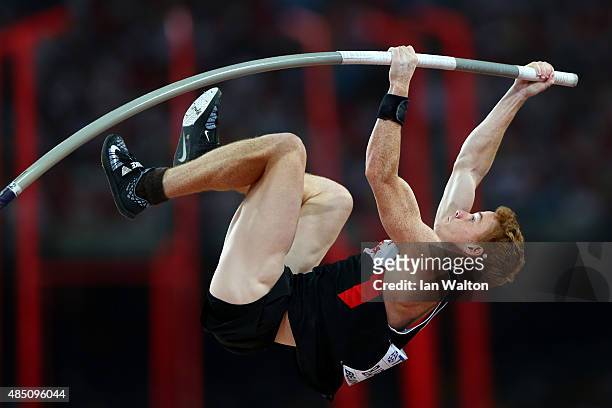 Shawnacy Barber of Canada competes in the Men's Pole Vault final during day three of the 15th IAAF World Athletics Championships Beijing 2015 at...