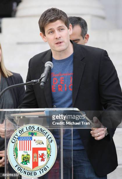 Budsweiser Vice President Brian Perkins speaks at the announcement of The Budweiser Made in America Music festival held at Los Angeles City Hall on...