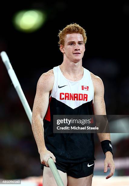 Shawnacy Barber of Canada competes in the Men's Pole Vault during day three of the 15th IAAF World Athletics Championships Beijing 2015 at Beijing...