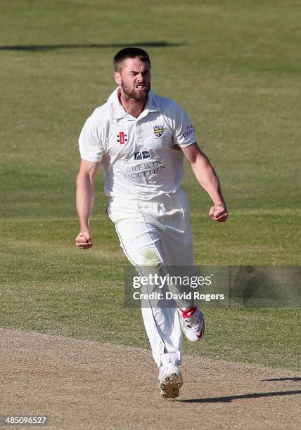 Jamie Harrison of Durham celebrates after taking the wicket of Steven Crook during the fourth day of the LV County Championship Division One match...