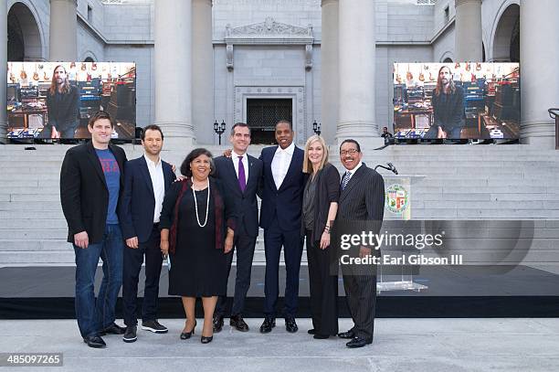 Brian Perkins , Michael Rapino , Gloria Molina , Mayor Eric Garcetti, Shawn "Jay Z" Carter, Elise Buik and Herb Wesson annouce the "Budweiser Made In...