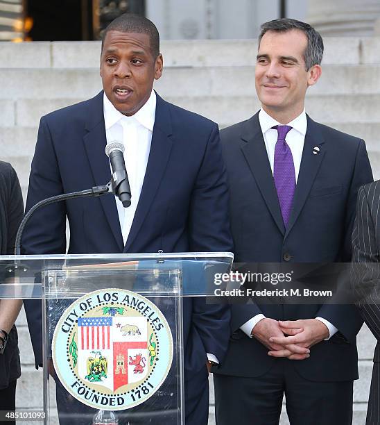 Recording artist Shawn "Jay Z" Carter, and Los Angeles Mayor Eric Garcetti Makes Announcement on the Steps of City Hall Downtown Los Angeles for the...