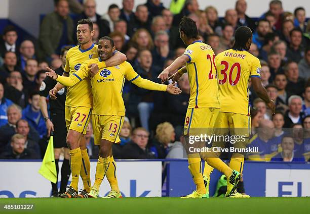 Jason Puncheon of Crystal Palace celebrates scoring the first goal with Damien Delaney of Crystal Palace during the Barclays Premier League match...