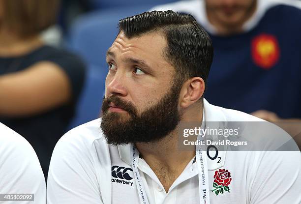 Alex Corbisiero of England looks on from the stands during the International match between France and England at Stade de France on August 22, 2015...