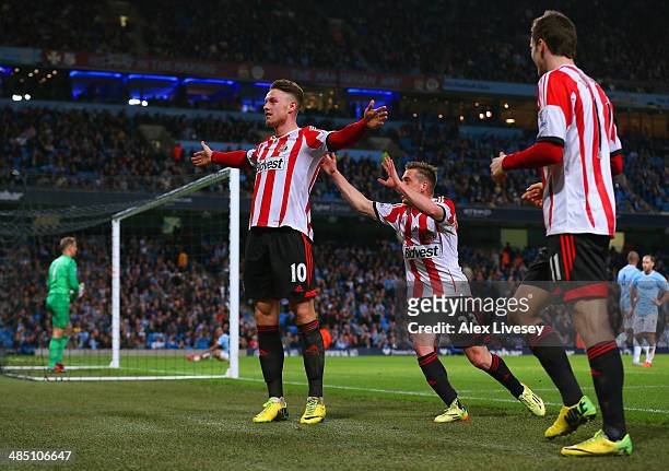 Connor Wickham of Sunderland celebrates scoring their second goal with Emanuele Giaccherini of Sunderland during the Barclays Premier League match...