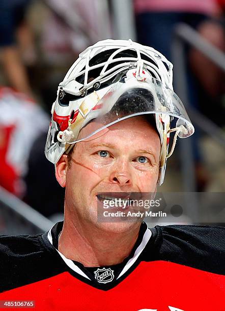 Winning goaltender Martin Brodeur of the New Jersey Devils looks on during the third period of the game against the Boston Bruins at the Prudential...