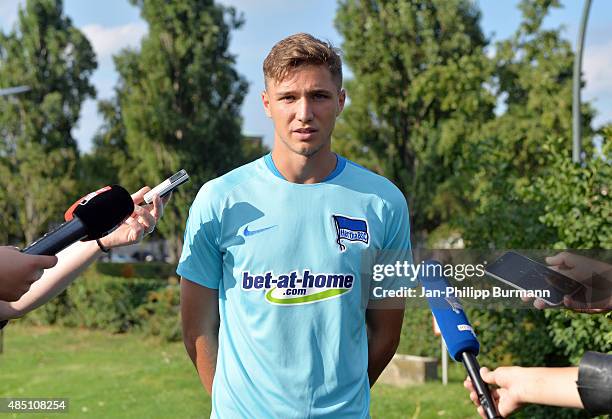 New arrival Niklas Stark of Hertha BSC gives an interview during the training of Hertha BSC on august 24, 2015 in Berlin, Germany.