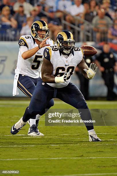 Jamon Brown of the St. Louis Rams plays during a pre-season game against the Tennessee Titans at Nissan Stadium on August 23, 2015 in Nashville,...