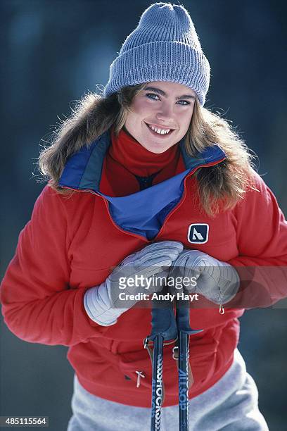 Sporting Look: Portrait of model Kathy Ireland wearing polypropylene ski jacket by Serac during photo shoot at Taos Ski Valley. Taos County, NM...