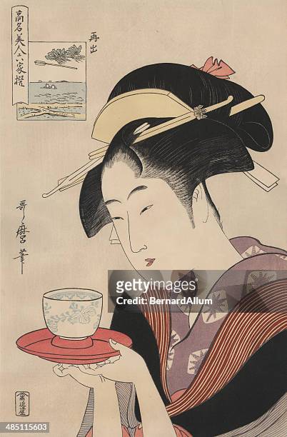 antique japanese woodblock, woman serving tea - japan stock illustrations