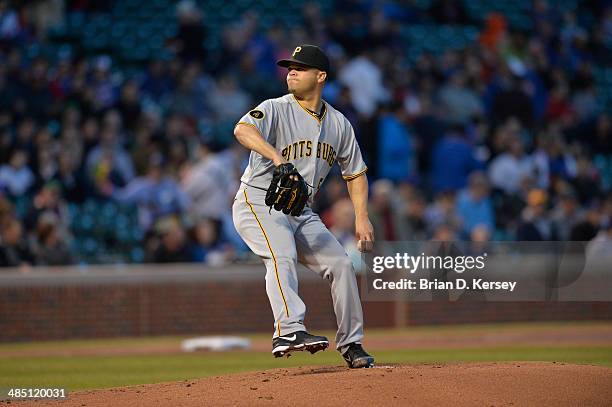 Starting pitcher Wandy Rodriguez of the Pittsburgh Pirates delivers during the first inning against the Chicago Cubs at Wrigley Field on April 9,...