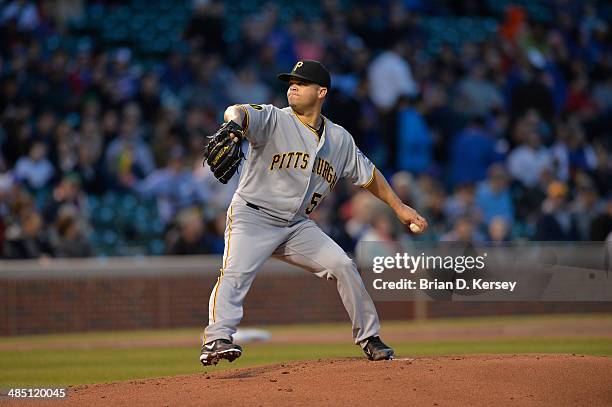 Starting pitcher Wandy Rodriguez of the Pittsburgh Pirates delivers during the first inning against the Chicago Cubs at Wrigley Field on April 9,...