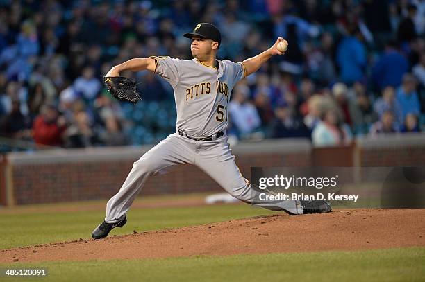 Starting pitcher Wandy Rodriguez of the Pittsburgh Pirates delivers during the first inning against the Chicago Cubs at Wrigley Field on April 9,...
