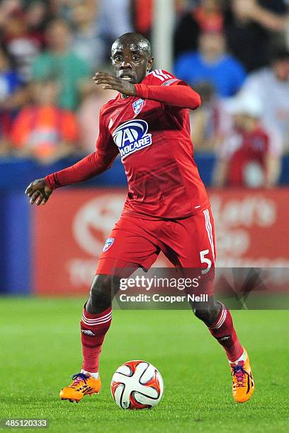 Jair Benitez of the FC Dallas controls the ball against the Seattle Sounders FC on April 12, 2014 at Toyota Stadium in Frisco, Texas.