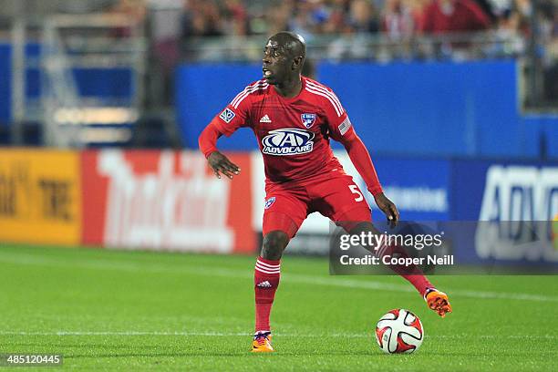 Jair Benitez of the FC Dallas controls the ball against the Seattle Sounders FC on April 12, 2014 at Toyota Stadium in Frisco, Texas.