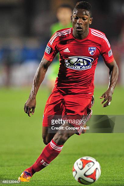 Fabian Castillo of the FC Dallas controls the ball against the Seattle Sounders FC on April 12, 2014 at Toyota Stadium in Frisco, Texas.