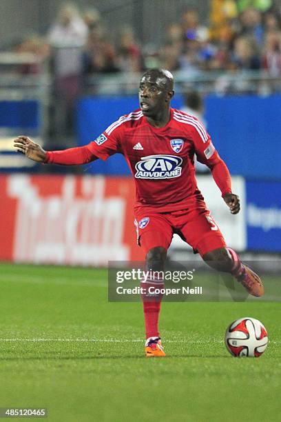 Jair Benitez of the FC Dallas controls the ball against the Seattle Sounders FC on April 12, 2014 at Toyota Stadium in Frisco, Texas.