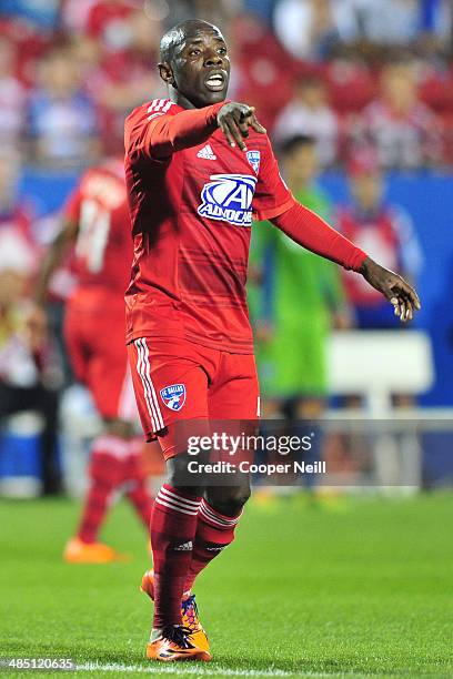 Jair Benitez of the FC Dallas looks on against the Seattle Sounders FC on April 12, 2014 at Toyota Stadium in Frisco, Texas.