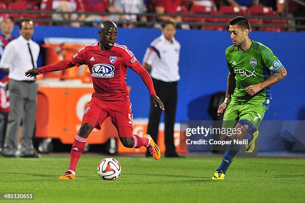 Jair Benitez of the FC Dallas controls the ball against the Seattle Sounders FC on April 12, 2014 at Toyota Stadium in Frisco, Texas.