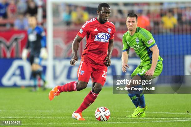 Hendry Thomas of the FC Dallas controls the ball against the Seattle Sounders FC on April 12, 2014 at Toyota Stadium in Frisco, Texas.