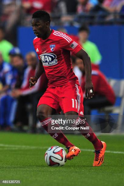 Fabian Castillo of the FC Dallas controls the ball against the Seattle Sounders FC on April 12, 2014 at Toyota Stadium in Frisco, Texas.