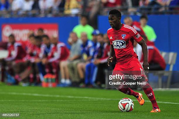 Fabian Castillo of the FC Dallas controls the ball against the Seattle Sounders FC on April 12, 2014 at Toyota Stadium in Frisco, Texas.