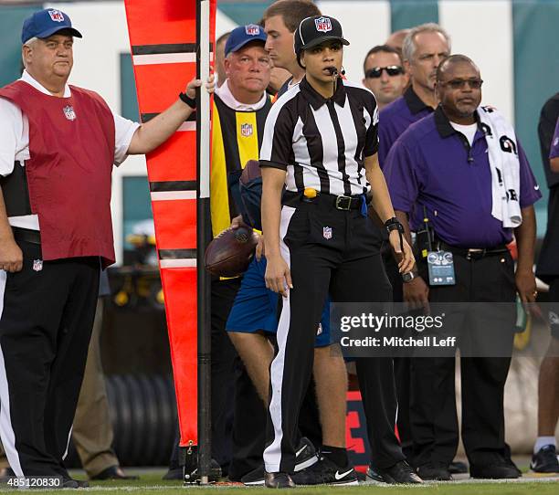 Maia Chaka officiates the game between the Baltimore Ravens and Philadelphia Eagles on August 22, 2015 at Lincoln Financial Field in Philadelphia,...