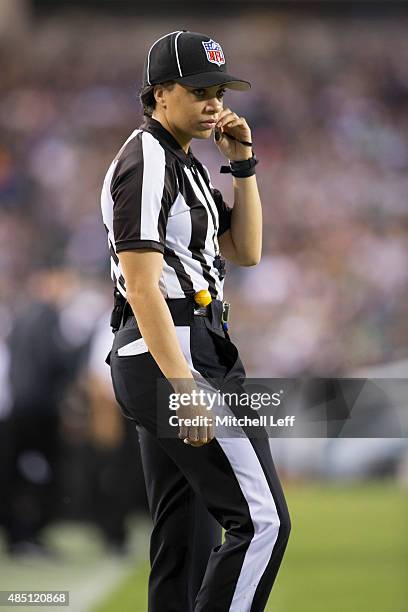 Maia Chaka officiates the game between the Baltimore Ravens and Philadelphia Eagles on August 22, 2015 at Lincoln Financial Field in Philadelphia,...