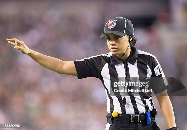 Maia Chaka officiates the game between the Baltimore Ravens and Philadelphia Eagles on August 22, 2015 at Lincoln Financial Field in Philadelphia,...