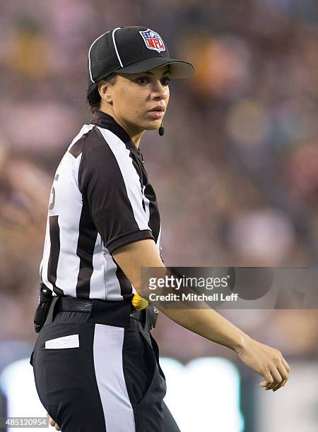 Maia Chaka officiates the game between the Baltimore Ravens and Philadelphia Eagles on August 22, 2015 at Lincoln Financial Field in Philadelphia,...