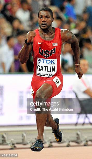 Justin Gatlin of the United States competes in the Men's 100m heat during day one of the 15th IAAF World Athletics Championships Beijing 2015 at...