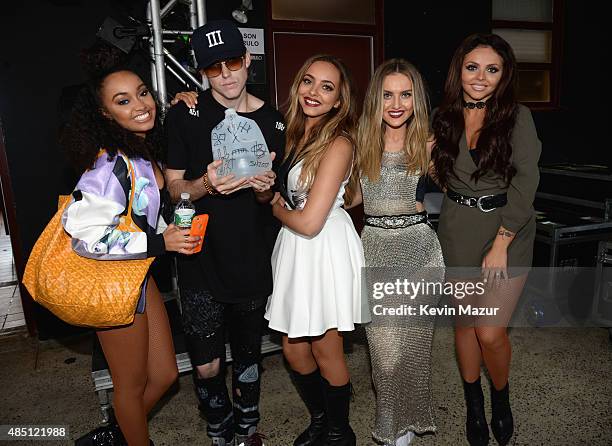 Leigh-Anne Pinnock, Harry Hudson, Jade Thirlwall, Perrie Edwards, and Jesy Nelson pose backstage during Billboard Hot 100 Festival - Day 1 at Nikon...