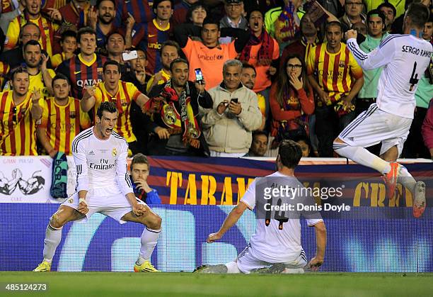 Gareth Bale of Real Madrid reacts after scoring Real's 2nd goal during the opa del Rey Final between Real Madrid and Barcelona at Estadio Mestalla on...