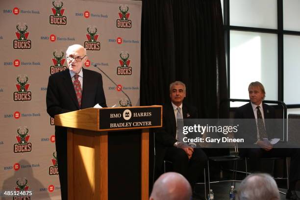 Milwaukee Bucks president and owner Herb Kohl introduces new owners Marc Lasry and Wesley Edens at a press conference on April 16, 2014 at the BMO...