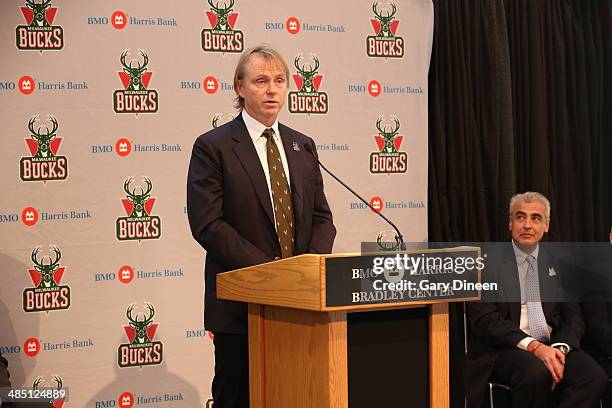 Milwaukee Bucks president and owner Herb Kohl introduces new owners Marc Lasry and Wesley Edens at a press conference on April 16, 2014 at the BMO...