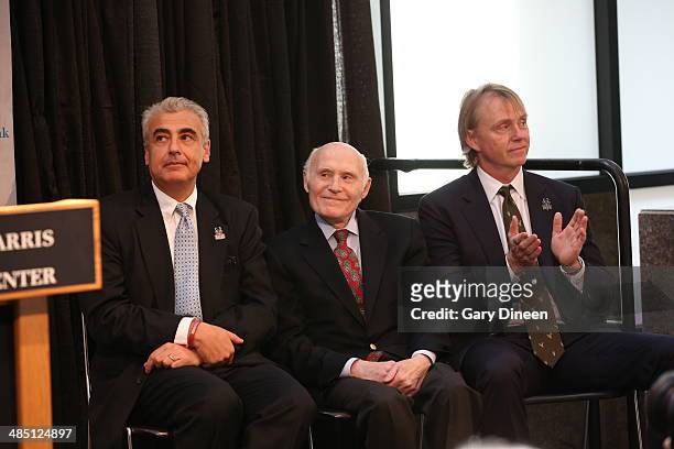 Milwaukee Bucks president and owner Herb Kohl introduces new owners Marc Lasry and Wesley Edens at a press conference on April 16, 2014 at the BMO...